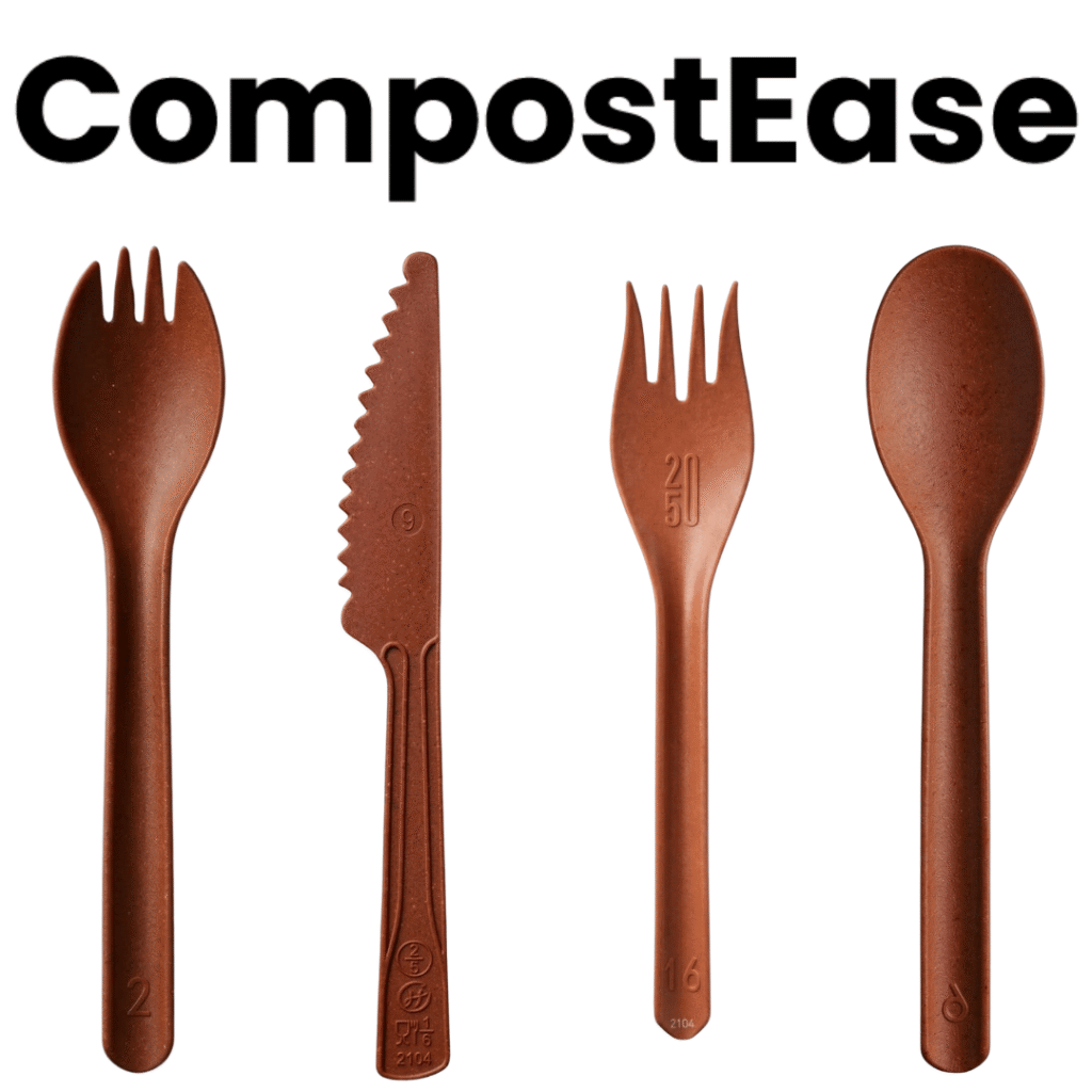 CompostEase zero-plastic compostable cutlery collection with food-fiber fork, knife, spork and spoon, free from BPA, PLA and PHA.